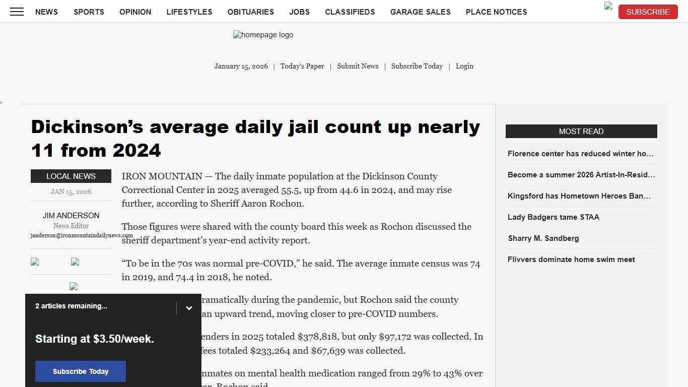Dickinson’s average daily jail count up nearly 11 from 2024 News, Sports, Jobs - The Daily News